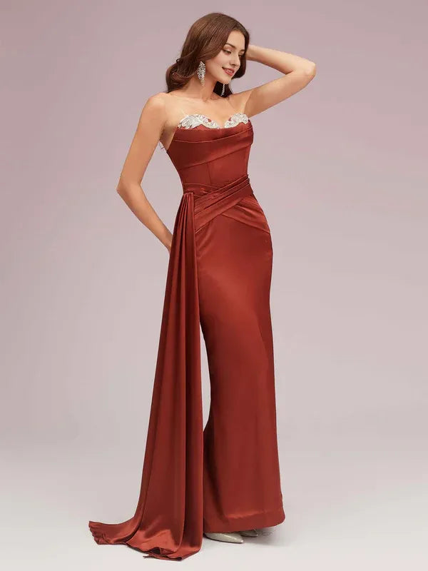 Robe Weitese sexy en satin doux, décolleté en cœur, sans bretelles, style sirène, robe de bal plissée